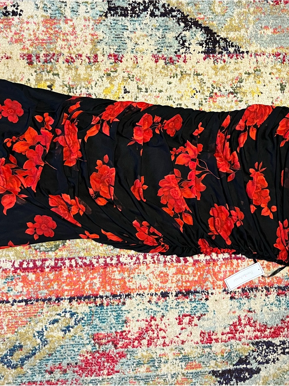 One-Shoulder Black Dress with Red Floral Print